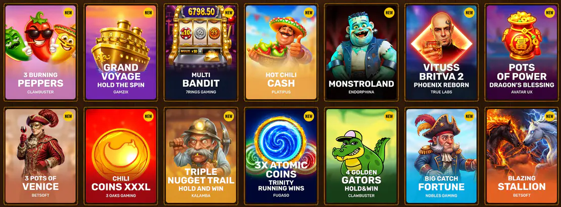 Asino Casino overzicht van nieuwe slots zoals 3 Burning Peppers, Grand Voyage, Multi Bandit, Hot Chili Cash, 3 Pots of Venice en Blazing Stallion
