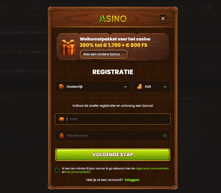 Asino Casino registratieformulier met e-mail, wachtwoord en een welkomstbonus van 280% tot €1.700 + 800 gratis spins